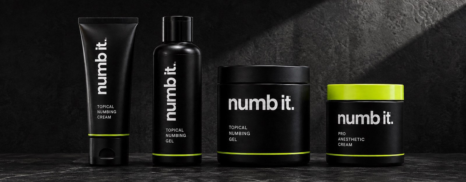 NUMB IT lineup: Topical Numbing Cream, Topical Numbing Gel and Pro Anesthetic Cream